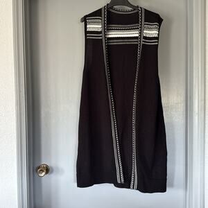 Black White Aztec Southwestern Women's Open Sweater Vest Duster 100% Cotton sz L